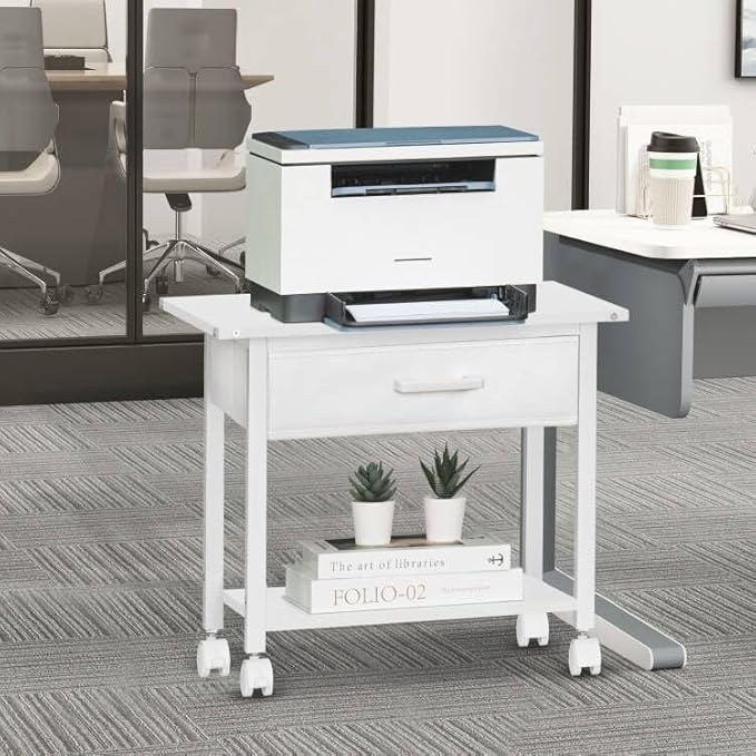 Lerliuo Under Desk Rolling Printer Stand with Drawer, 2-Tier Industrial Mobile Printer Table Desk with Storage Shelf and Steel Frame, Printer Cart Holder with Lockable Wheels for Home, Office (White)