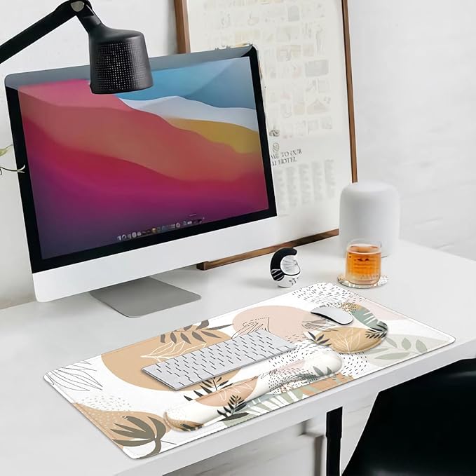 4-in-1 Gaming Mouse Pad Wrist Support Set,Desk Pad + Mouse Pad with Wrist Rest + Keyboard Wrist Rest + Coaster, Ergonomic Design for Home Office Study Game - Plant