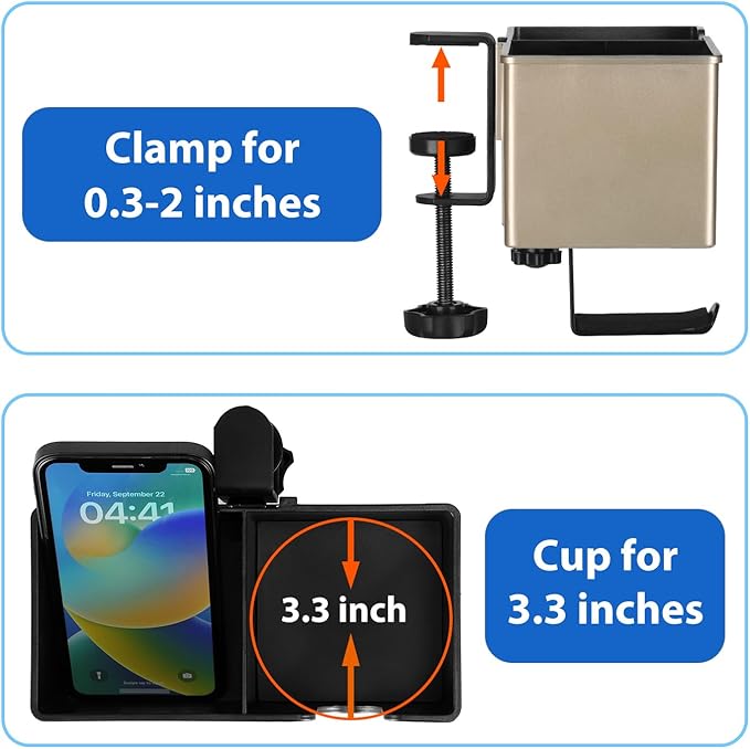 ROSLINE 3-in-1 Clip-on Desk Organizer - Pen, Headphone, and Cup Holder for Expanding Office and Gaming Space (Champagne)