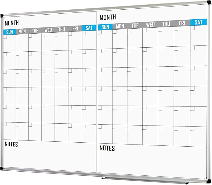 XBoard Magnetic Calendar Whiteboard 48" x 36" - 2 Month Dry Erase Board, White Board + Colorful Calendar Board, Silver Aluminium Framed Monthly Planning Board