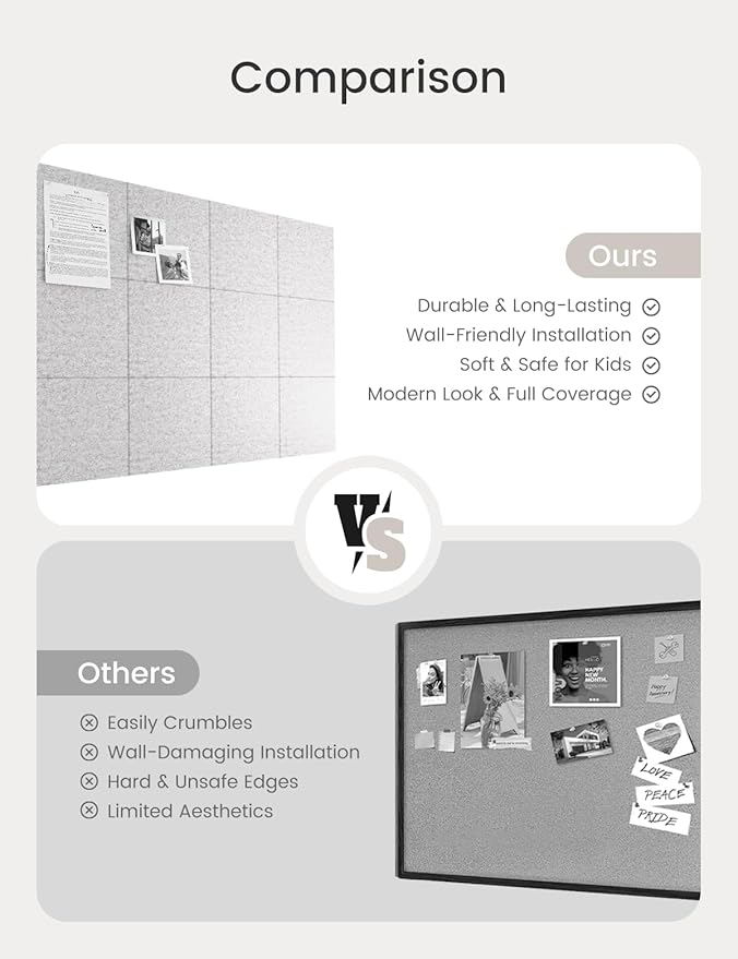 Bumusty Large Cork Board 47"x35" Alternative - 12 Pack Felt Wall Tiles with 70 Safe Removable Adhesive Tabs, 30 Pushpins, Cork Boards for Walls Pin Board Bulletin Board Office Decor (Marble Gray)