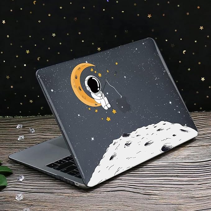 for MacBook Air 13.6 inch Case 2025 2024 2023 2022 Release M4 A3240 M3 A3113 M2 A2681, Glitter Black Printed Plastic Hard Shell Case Cover for Mac Air 13.6 M4 Chip Touch ID, Astronaut Moon