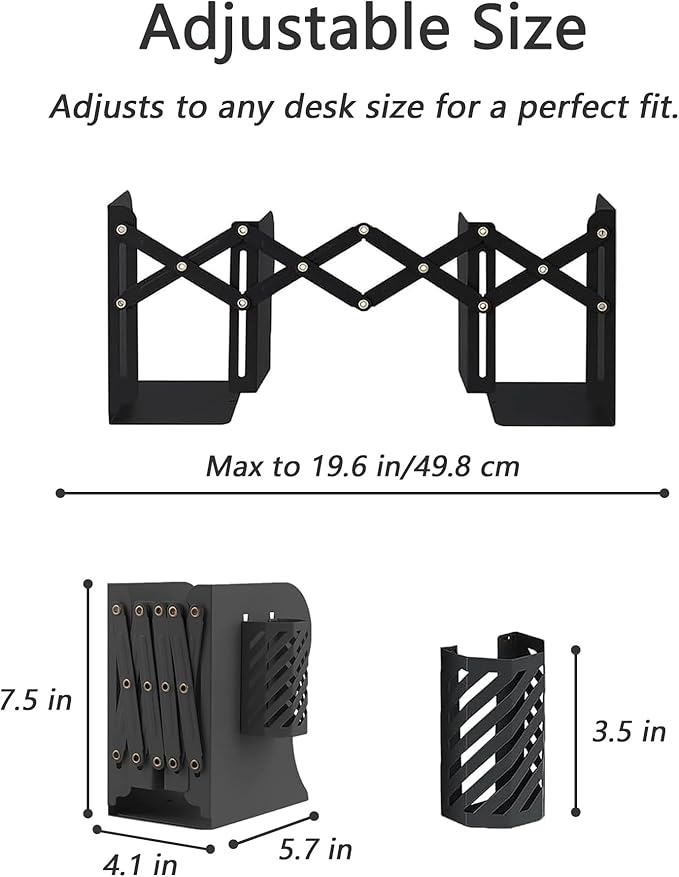 Kingsmile Book Ends, Adjustable Bookends for Shelves, Metal Bookends for Heavy Books, Book Stopper Organzier with Pen Holder for Desk, Kids Room, Office, Classroom, Library, Study Room.(Black)