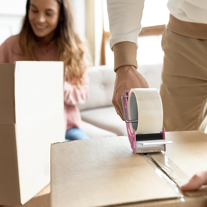 2 Pcs Rapid-Replace Packing Tape Dispenser Guns with Extra Blade, 2IN(50mm) Lightweight Ergonomic Industrial Handheld Heavy Duty Tape Cutter for Carton, Packaging and Box Sealing Pink