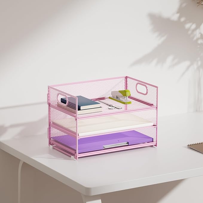 Marbrasse 3 Tier Paper Organizer Letter Tray, Mesh File Organizer with Handle, Paper Sorter Desk Organizer for Home Office Supplies - 2p Pink
