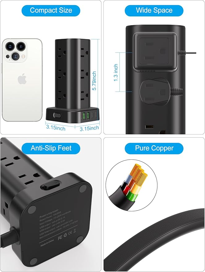 Power Strip Tower with Multiple Outlets, Flat Plug Surge Protector Tower Extension Cord with 12 AC Outlets 4 USB Ports (2 USB C), 6FT Cord Power Tower Surge Protector for Home Office Dorm Room, Black