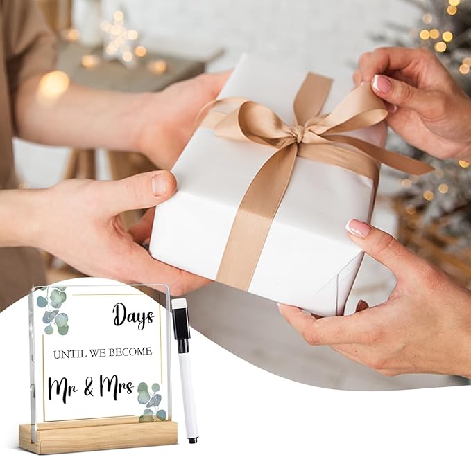 Wedding Countdown Items,Countdown to Wedding Just Engaged Gifts for Couple Wipeable Acrylic Sign for Women, Bride and Groom, Newly Future Mrs with Wood Stand 4 X 4 Inch