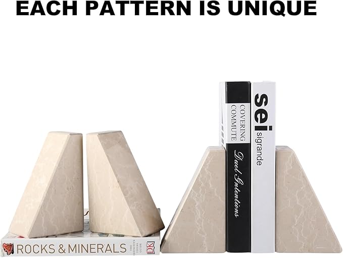 Marble Bookends for Heavy Books, Decorative Book Ends for Shelves, Durable and Heavy-Duty Stone Bookends for Hardback Book & CDS, Unique Book Stopper & Holder, New Jura Beige-Vein, Set of 2