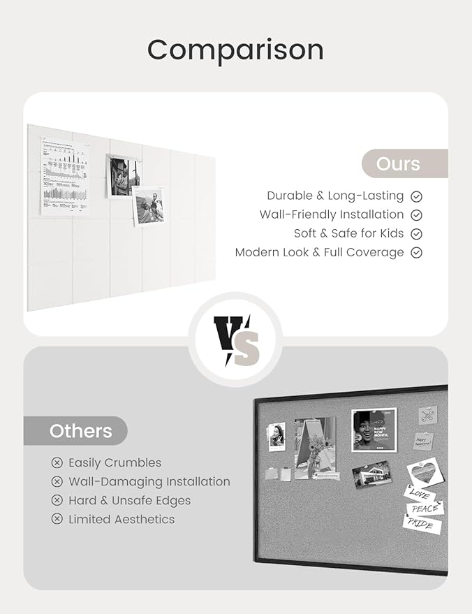 Bumusty Large Cork Board Alternative-36 x24 Felt Bulletin Board Tiles, with 30 Pushpins, 40 Adhesive Tabs, 6-Pack Slat Wall Paneling, Cork Boards for Office Push Pin Board Felt Board-Milky White