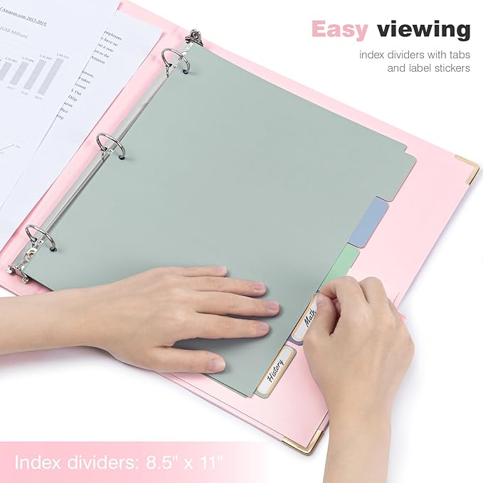 Ospelelf Binder 3 Ring 1 Inch, Solid Pink Round Ring Clipboard Binder for Letter Size Paper with 5 Tab Dividers, for School and Office Supplies