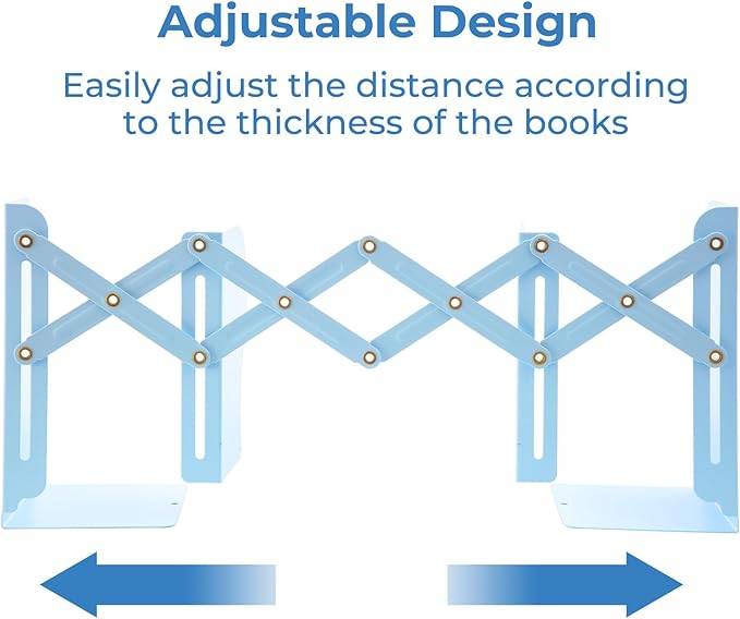 M&G Adjustable Bookends Book Ends for Shelves, Metal Bookend for Heavy Books, Desk Magazine File Organizer Holder Extends up to 20in, Book Stopper for Home, Office, Classroom (Blue)