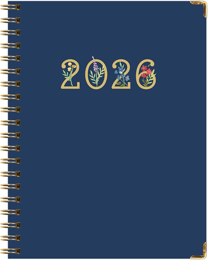 HARDCOVER 2026 Planner, 8.5"x11": 14 Months (November 2025 - December 2026), Daily Weekly Monthly Planner, Yearly Agenda, Bookmark, Pocket Folder and Sticky Note Set (Navy Gold Numbers)
