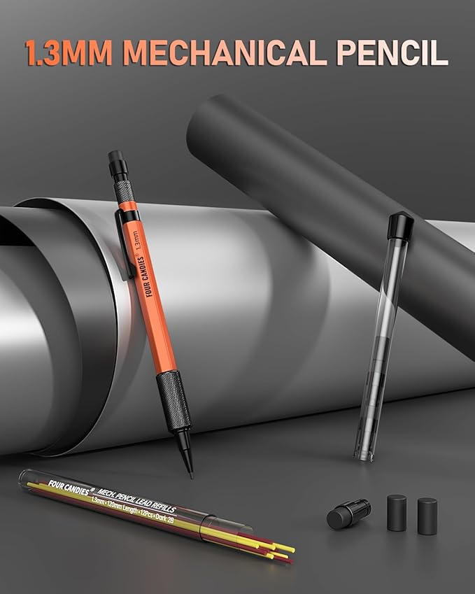 Four Candies 1.3mm Mechanical Pencil Set with 24 Lead Refills, Metal Weatherproof Heavy Duty Outdoor Carpenter Pencil, Eraser, 6 Eraser Refills for Architect Drafting Woodworking Marking with Case