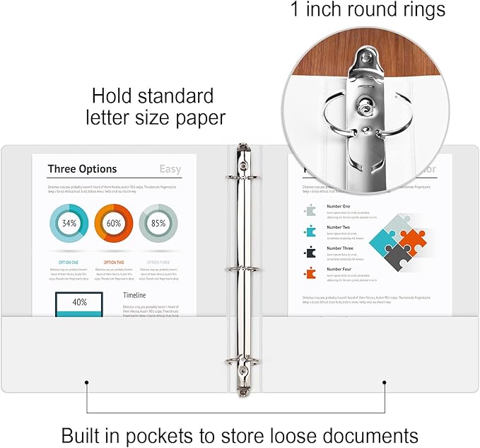 COMIX Sturdy 3 Ring Binder 1 inch with Clear View Cover, 1" Round Ring View Binder, PVC-Free, 200 Sheets Capacity of US Letter Size Paper, Office & School Supplies, Pack of 12 (White)