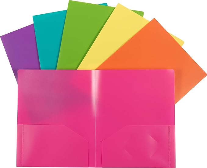 JAM PAPER Heavy Duty Plastic 2 Pocket Extra Tough School Folders - Assorted Fashion Colors - Bulk 48 Folders/Box (8 Assorted Packs of 6)