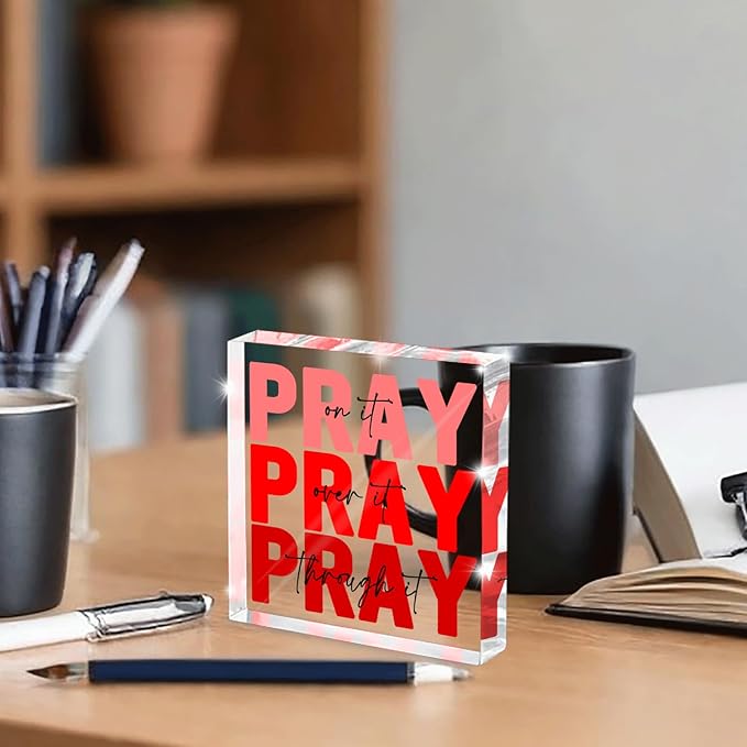 Red Dorm Room Decor for Women, Ideal Christian Gifts for Women - Pray On It,Pray Over It - Bible Verse Desk Art, Inspirational Decor, Desk Decorations for Office, 4 x 4 inches(Red)