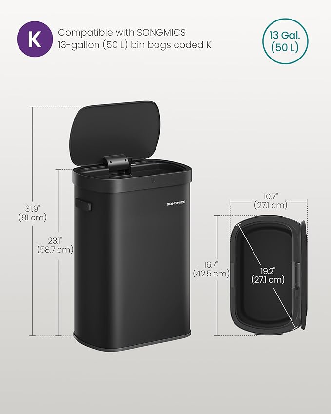 SONGMICS Motion Sensor Trash Can, 13-Gallon (50 L) Automatic Garbage Can with Soft Close Lid, Stainless Steel, Wave or Touch to Open, Includes 15 Bags, Ink Black ULTB640B01