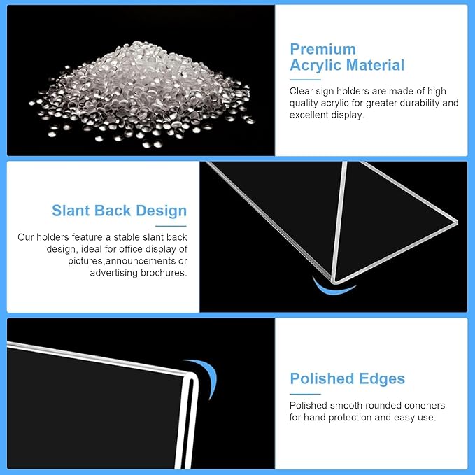 EHWINE 6 Pack 8.5 x 11 Acrylic Sign Holder, Clear Plastic Signs Display Stand, Vertical Slanted Back Paper Holder Stand up Table Top Sign Holders Flyer Stand Frames Suitable for Office Business Store