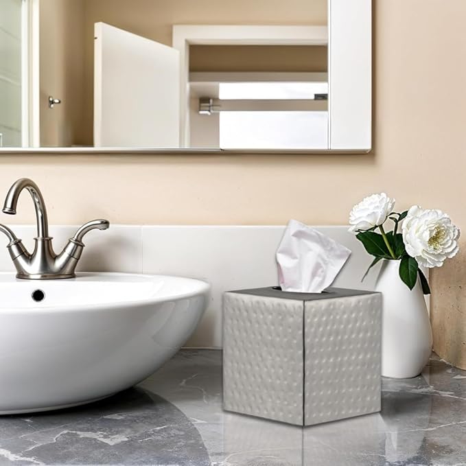 Monarch Abode Hand Hammered Tissue Box Cover Square, Pewter Tissue Holder for Bathroom, Square Metal Dresser Accessories for Home, Decorative Tissue Box Holder, Pewter Handcrafted Tissue Cover