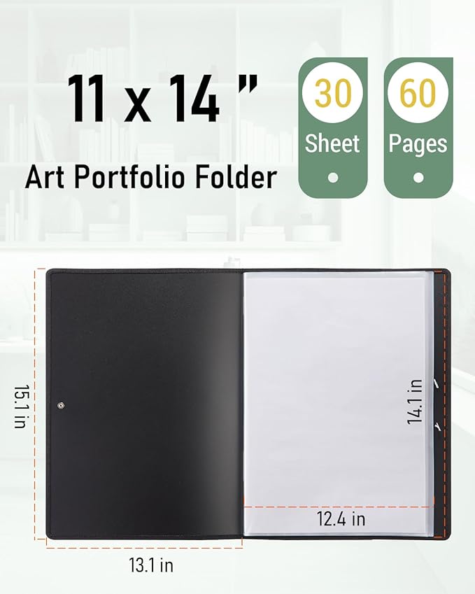 Nicpro 11x14 Art Portfolio Folder, 30 Pockets Display 60 Pages Art Painting Portfolio Binder with Clear Plastic Sleeves, Presentation Storage Book for Artists Artwork Drawing - (Black)