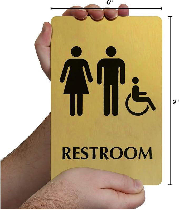 SmartSign 6 x 9 inch Unisex Restroom Sign with Men/Women/Handicap Accessible Wheelchair Pictograms, 40 mil Brass Metal, Engraved, Door/Wall Mount Bathroom Sign, Gold and Black