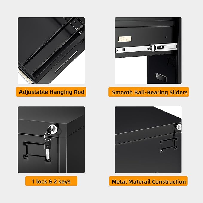 INTERGREAT 2 Drawer Filing Cabinet, Metal Black File Cabinets with Lock, Locking Narrow Storage Cabinet with Adjustable Hanging Frame for Home Office, Letter/Legal/F4/A4 Size