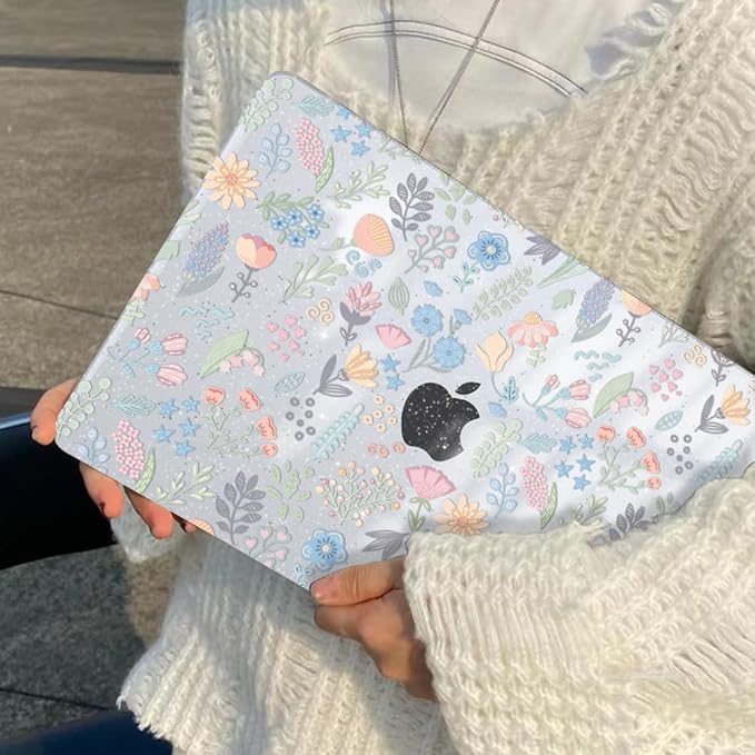 Compatible with 2025 MacBook Air 13.6 inch Case M4 A3240 Cover, Shiny Pattern Plastic Hard Shell Case Keyboard Skin for Mac Air 13.6 M2 A2681 M3 A3113 2024-2022 Release, Starry Sky Flowers