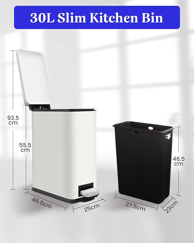 Kitchen Rubbish Bin, 30 L, Narrow Pedal Bin with Lid, Stainless Steel Kitchen Rubbish Bin with Inner Bucket, Rectangular Waste Bin for Kitchen, Bathroom, Bedroom, Office, White