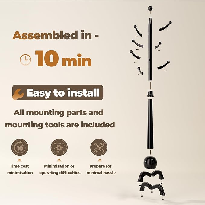 Wood Coat Rack Freestanding, Solid Wooden Hall Tree with 8 Hooks, Coat Tree Freestanding Heavy Duty with Stable Base, Entryway Hallway Bedroom Office Use, 240lbs Load Capacity H:71.6in (Black)