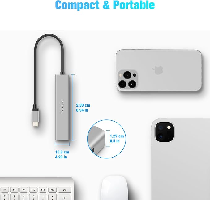 USB C Hub 10Gbps RSHTECH 4-Port USB C to USB-C 3.2 Gen 2 Dongle, Portable USB C Multiport Adapter for Thunderbolt/Type C Laptop and More, Gray (RX04)