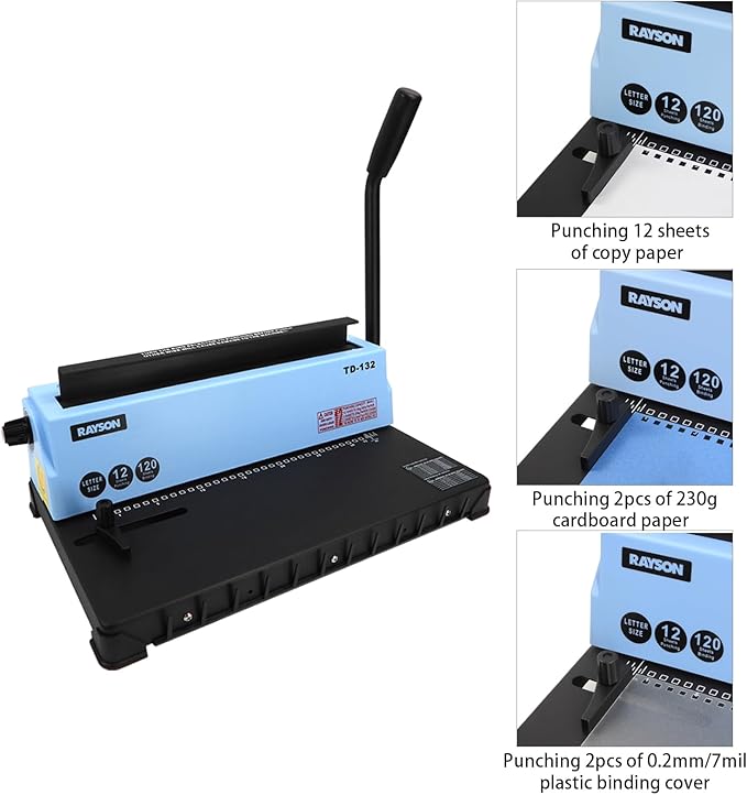 Rayson TD-132 Wire Binding Machine, 32-Hole Spiral Coil Binder, 3:1 Pitch, Punches 12 Sheets, Binds up to 120 Sheets, Sturdy Metal Construction