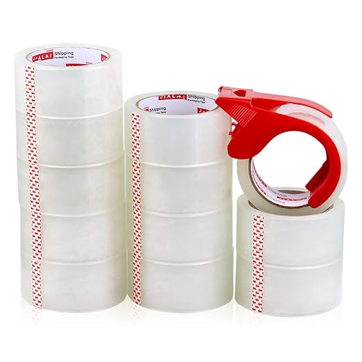 12 Rolls Clear Packing Tape, Heavy Duty Packaging Tape with Dispenser,1.88In x 55Yd,2.4Mil Thick Industrial Grade Transparent Tape Refills for Shipping,Moving,Sealing and storages
