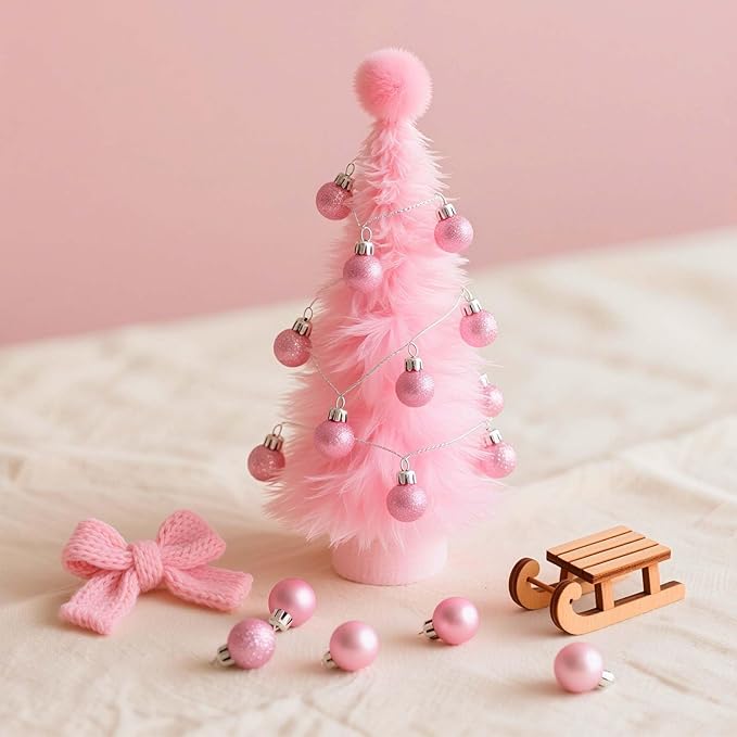 Set of 24 Mini Pink Ornaments for Mini Tree, Small Pink Christmas Ornaments Balls for Christmas Tree, 1.2 inch Tiny Plastic Shatterproof Hanging Bulbs Xmas Valentine Party Indoor Outdoor Decorations