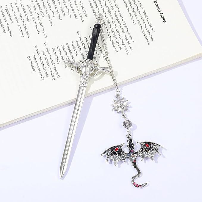 Fantasy Dragon Leather Corner Bookmark, Elegant Metal Dragon Charms Leather Page Saver, Chic Book Accessory for Bookworms, Great Gift for Dragon & Book Lovers (Dragon Sword A)