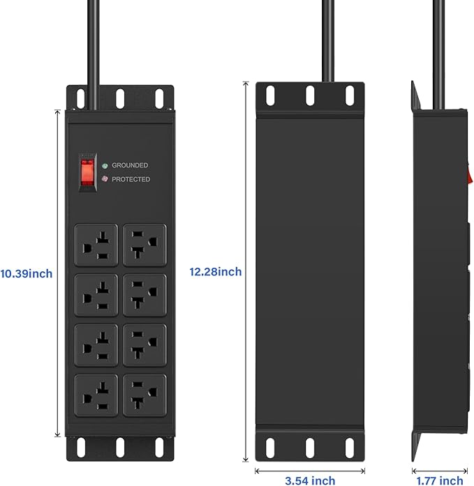 CCCEI Black Heavy Duty Power Strip Surge Protector 20 AMP, 8 Outlets 12 Gauge Industrial Shop Garage Metal Multiple Outlets, 25 FT Extension Cord 5-15P Adapter High Amp 6-20R T-Slot 20a for Appliance