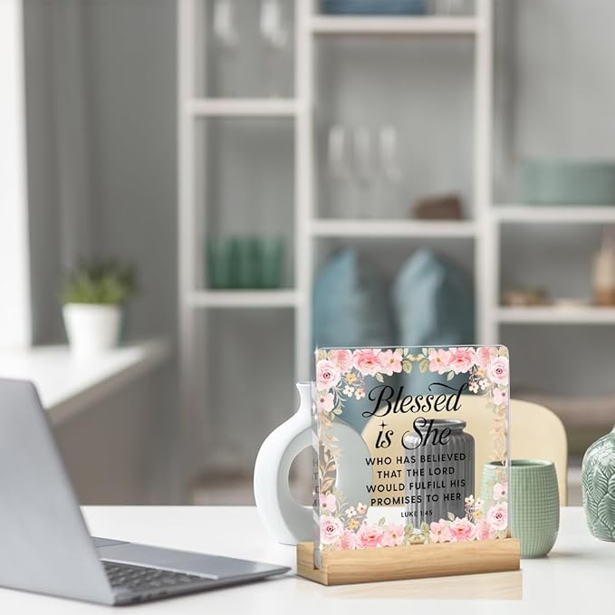 Pink Religious Gifts Christian Decor Inspirational Bible Verses Sign Scripture Acrylic Sign Plaque Table Decorations for Home Office Bedroom