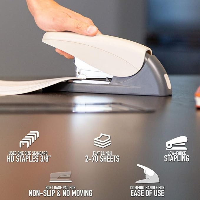 PowerForce 70 Heavy Duty Flat Clinch Office Stapler, 2 to 70 Sheets Using one Size 3/8" Leg-Length Staple, includes 400 Staples and a Staple Remover