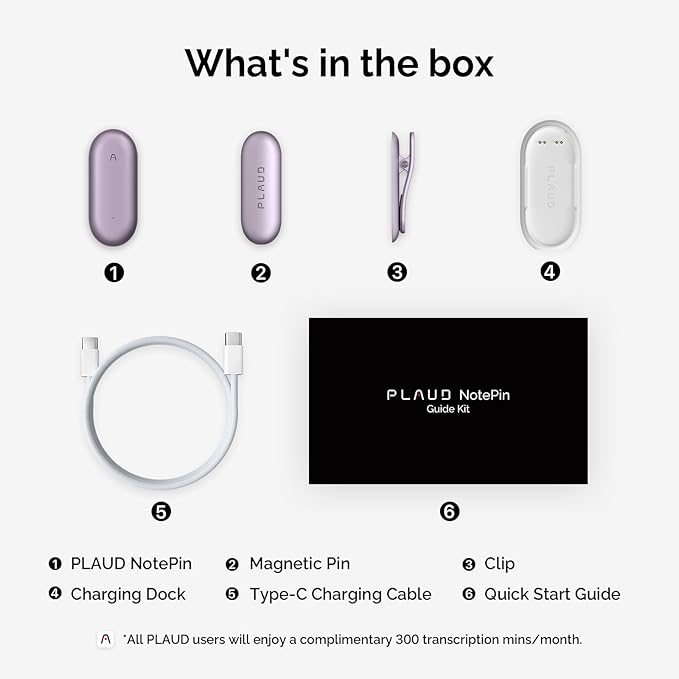 NotePin Voice Recorder, AI Voice Recorder, App Control, AI Notetaker, AI Transcribe & Summarize, Support 112 Languages, 64GB Memory, Audio Recorder for Lectures, Meetings, Sunset Purple