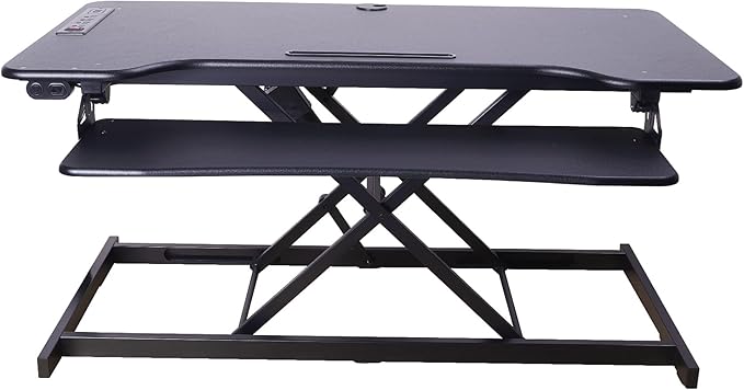 Rocelco 46" Electric Standing Desk Converter with AC Outlet USB Charger - Motorized Height Adjustable Sit Stand Up Triple Monitor Riser - Tabletop Workstation Large Keyboard Tray - Black (R EDRB-46)
