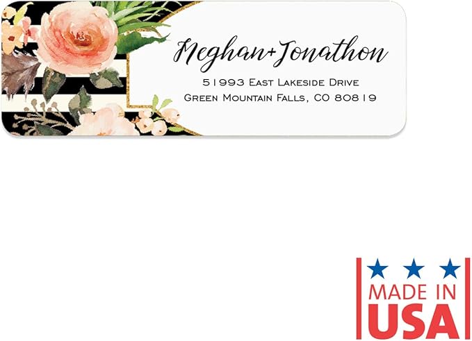 Black and White Stripe Floral Rolled Address Labels/Roll of 500 Personalized Return Address Labels/Designer Return Address Stickers in Elegant Plastic Dispenser