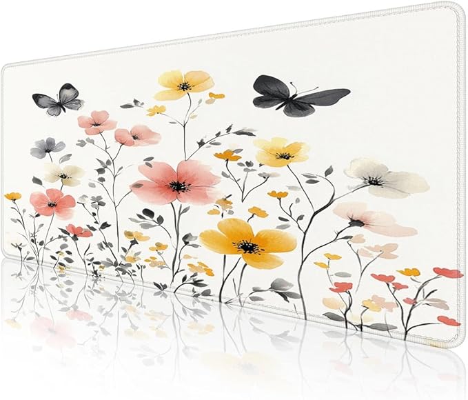 Mrcrypos Wildflowers Large Mouse Pad Butterfly Desk Mat for Desktop,Waterproof Desk Pad with Stitched Edges,Computer Keyboard Gaming Mouse Pads for Women Office Home 31.5" x 11.8"