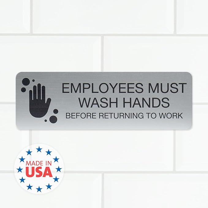 SBLABELS Employees Must Wash Hands Indoor Easy Adhesive Mount Door and Wall Sign for Restaurants and Small Businesses 3" x 9" - Silver
