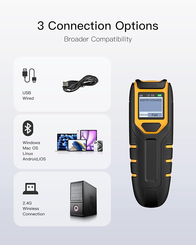 Inateck Barcode Scanner Wireless,Portable Bluetooth Barcode Scanner with Screen,1D 2D QR Code Scanner Kabellos 2.4GHz,Handscanner with APP and SDK, BCST-47