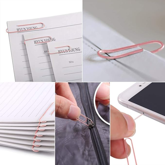 Paper Clips and Binder Clips Set, Metal Assorted Sized Binders with Push Pins, Cute Office Supplies for Desk, Desk Accessories, Rosegold