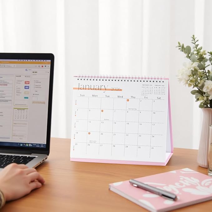 Desk Calendar 2025-2026,July 2025 to Dec 2026 18 Months Standing Flip Desk Calendar with Stickers,10" x 8" Desktop Calendar for Home Office School,Pink