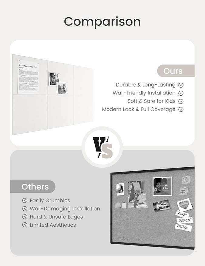 Bumusty Large Cork Board 36"x24" Alternative - 6 Pack Felt Wall Tiles with 40 Safe Removable Adhesive Tabs, 30 Pushpins, Cork Boards for Walls Pin Board Bulletin Board Office Decor (Milky White)