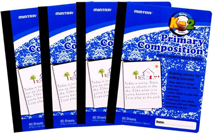 Mintra Primary Composition Notebook, 24 units 6-4 Pack, Blue Cover, 80 Sheets, 7.5in x 9.75in, 1/2 Sheet, Ruled with Drawing Area, Flexible Hardcover Journal, Grades K-2, School & Home Use