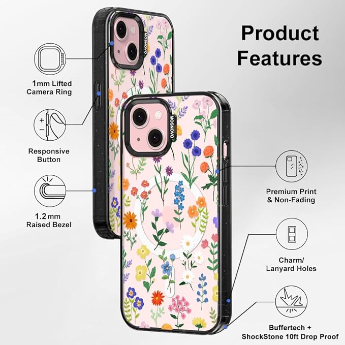 MOSNOVO Magnetic Case for iPhone 15 Plus, 10ft Military-Grade Protection, Compatible with Magsafe, Shockproof Phone Case for iPhone 15 Plus / 14 Plus - Botanical Floral - Clear Black