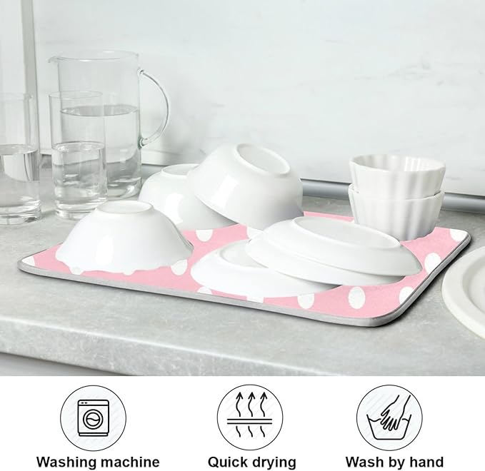 Pink White Polka Dot Dish Drying Mat for Kitchen Counter 16 x 18 Inch Absorbent Microfiber Valentines Dry Dishes Rack Mats Drainer Mat Dish Drying Pad for Countertops Decor