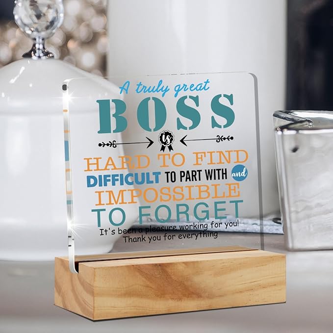 Appreciation Boss Gifts for Men & Women - Acrylic Desk Plaque Sign with Wood Stand - Boss Day, Leaving, Retirement Keepsake